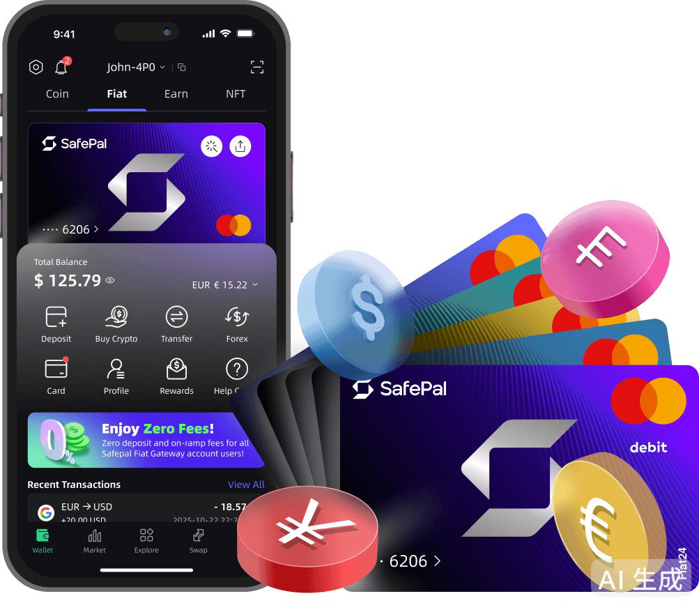 SafePal 官网 Fiat Gateway 产品展示图：SafePal App 内的银行服务界面与关联借记卡（官网 safepal.com/en/bank 主视觉素材）