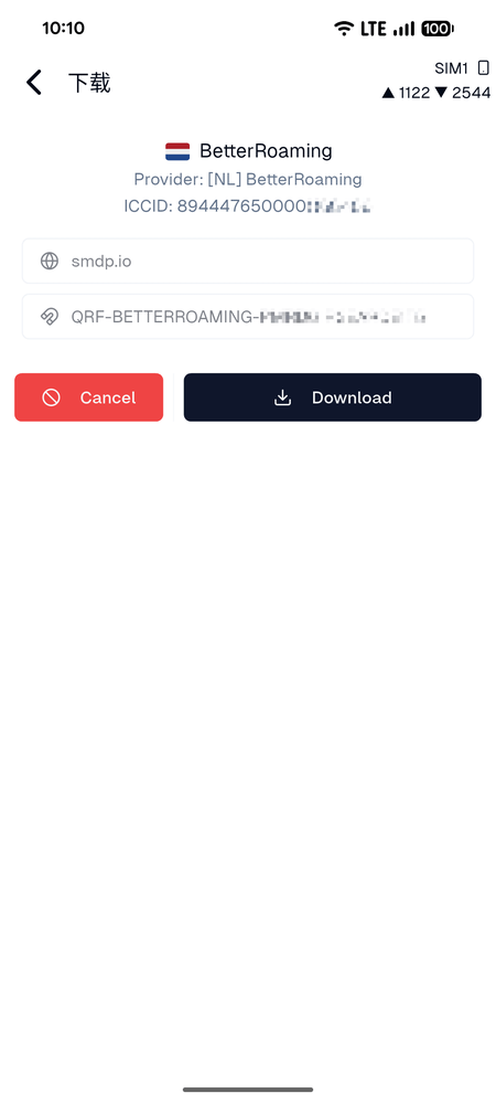 下载预览页：BetterRoaming / [NL] BetterRoaming，含 ICCID 与 smdp.io，下方红色 Cancel 与深色 Download 按钮