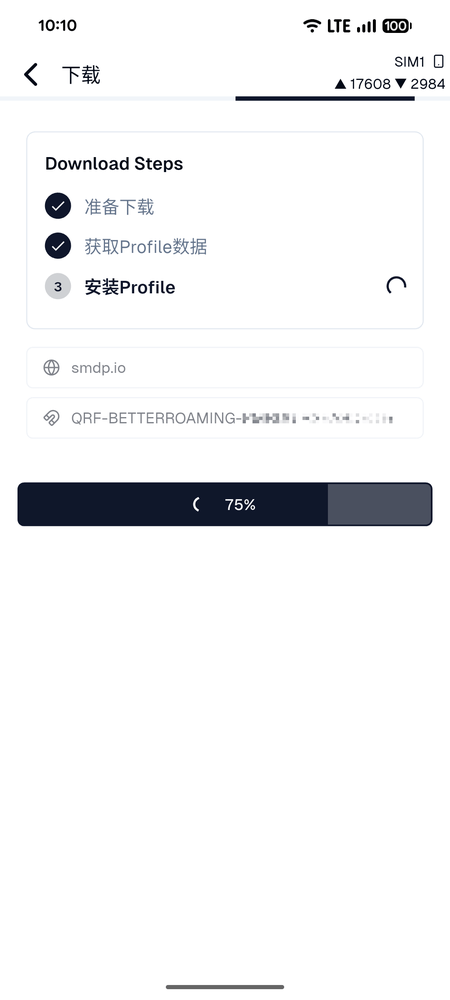 下载中界面：Download Steps 三步（准备下载 / 获取 Profile 数据 / 安装 Profile），进度条 75%