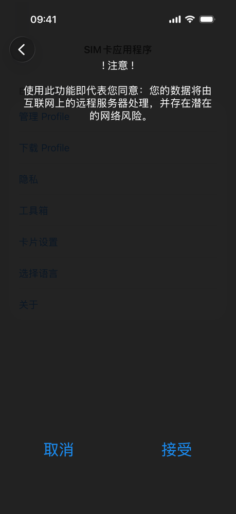 首次进入「下载 Profile」时的授权确认弹窗，按「接受」继续