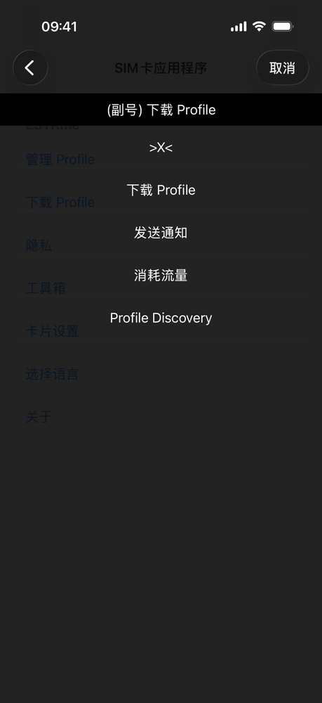 「下载 Profile」菜单：下载 Profile、发送通知、消耗流量、Profile Discovery