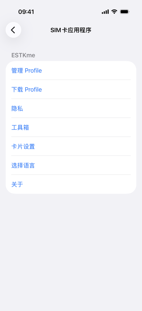 iPhone STK 菜单主界面，可见「管理 Profile」「下载 Profile」「隐私」「工具箱」「卡片设置」「选择语言」等入口