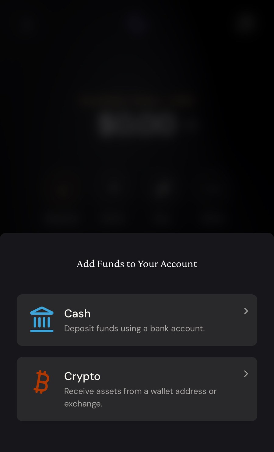 ether.fi App 入金页:提供 Cash(通过银行账户入金)与 Crypto(从钱包地址或交易所接收资产)两种方式