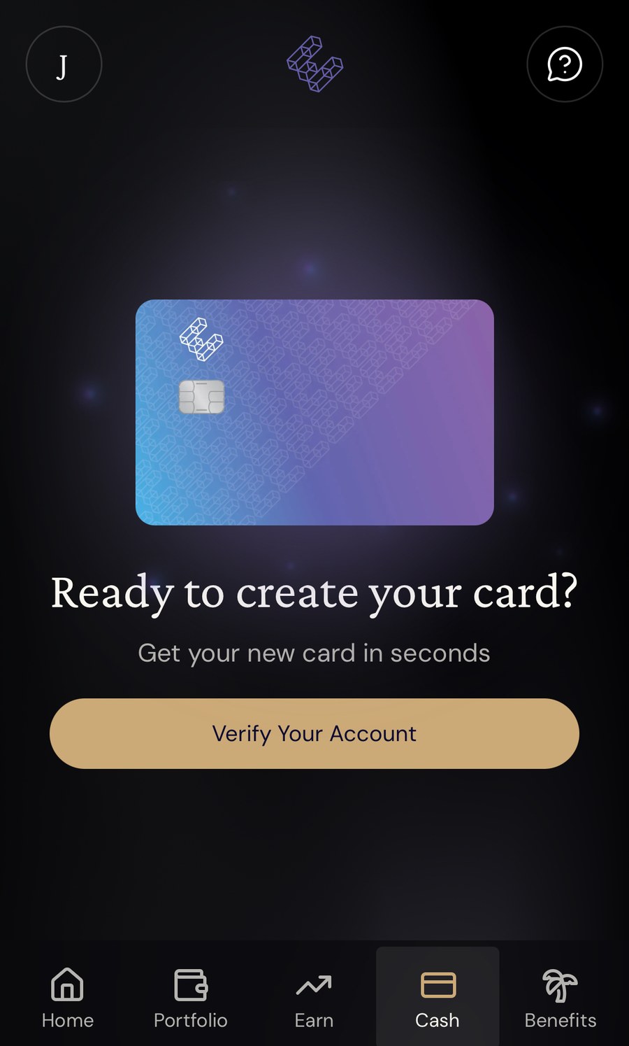 ether.fi App 开卡页:显示蓝紫渐变虚拟卡面与「Ready to create your card?」,下方为「Verify Your Account」按钮