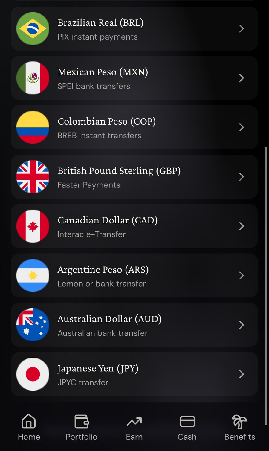 ether.fi App 币种选择列表(续):显示巴西雷亚尔、墨西哥比索、哥伦比亚比索、英镑、加拿大元、阿根廷比索、澳元、日元各自的入金通道