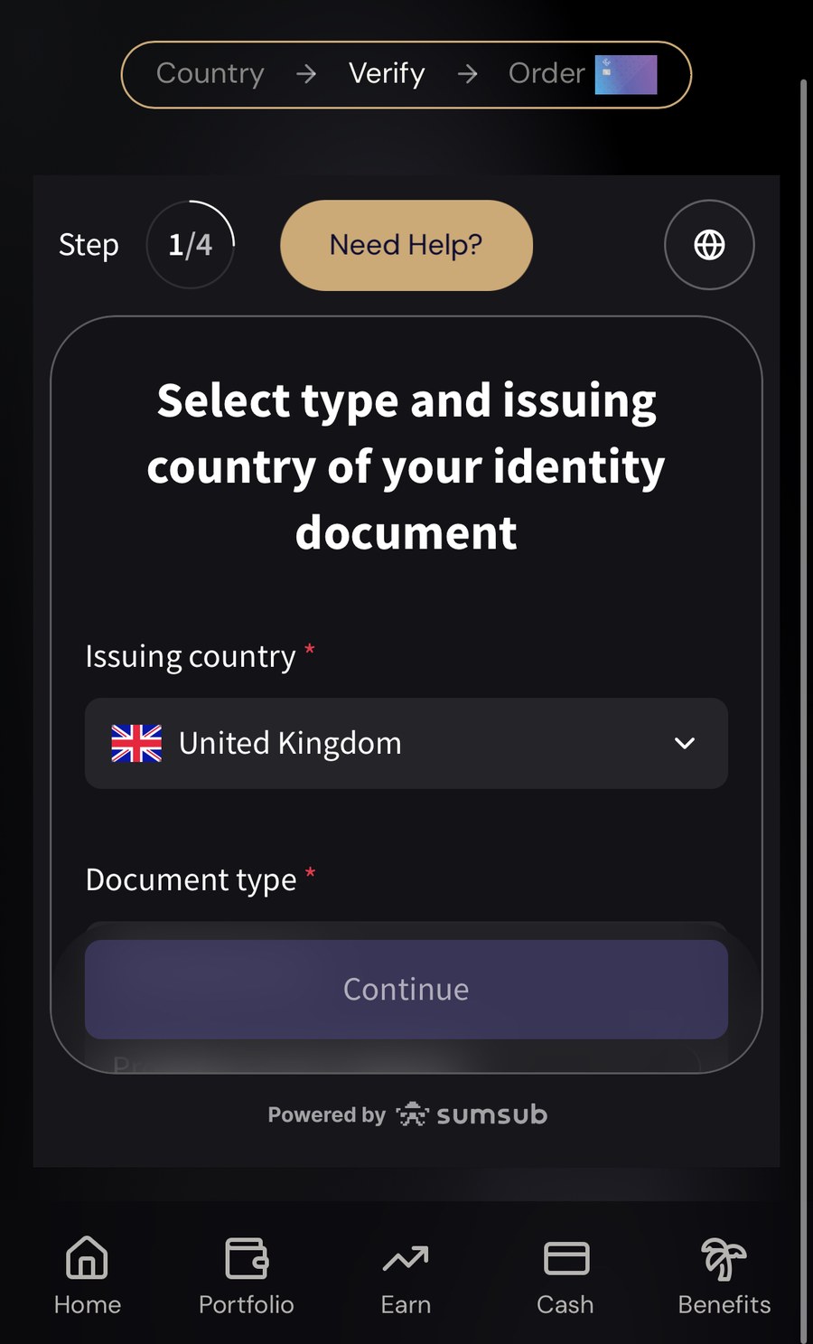 ether.fi App KYC 页(Step 1/4):要求选择身份证件的签发国家与证件类型,底部标有 Powered by sumsub