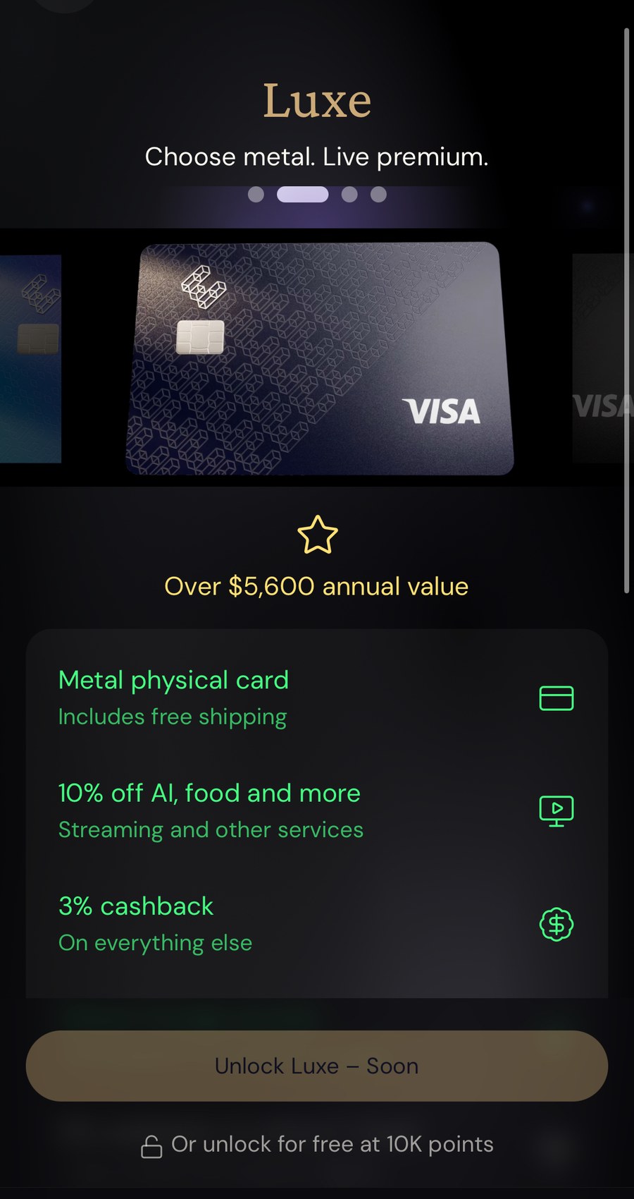 ether.fi App 会员页(Luxe 等级):展示金属卡面(带 Visa 标志)、标称年价值 $5,600+、金属实体卡免运费、指定渠道 10% 折扣、其余消费 3% 返现