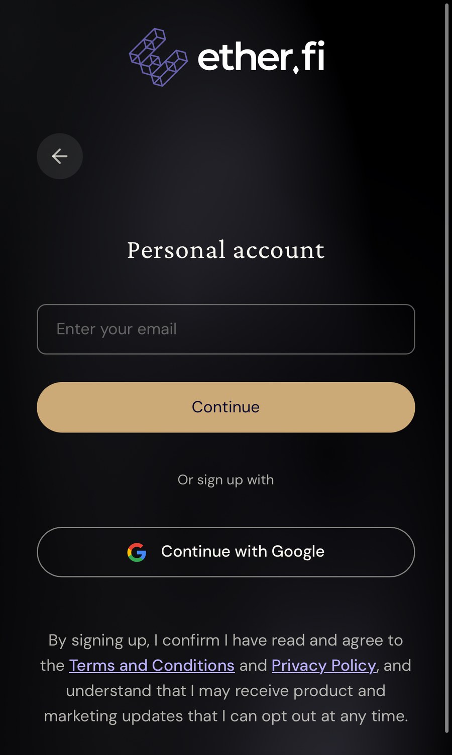 ether.fi App 注册页:标题「Personal account」,提供邮箱输入框与「Continue with Google」,底部为条款与隐私政策确认