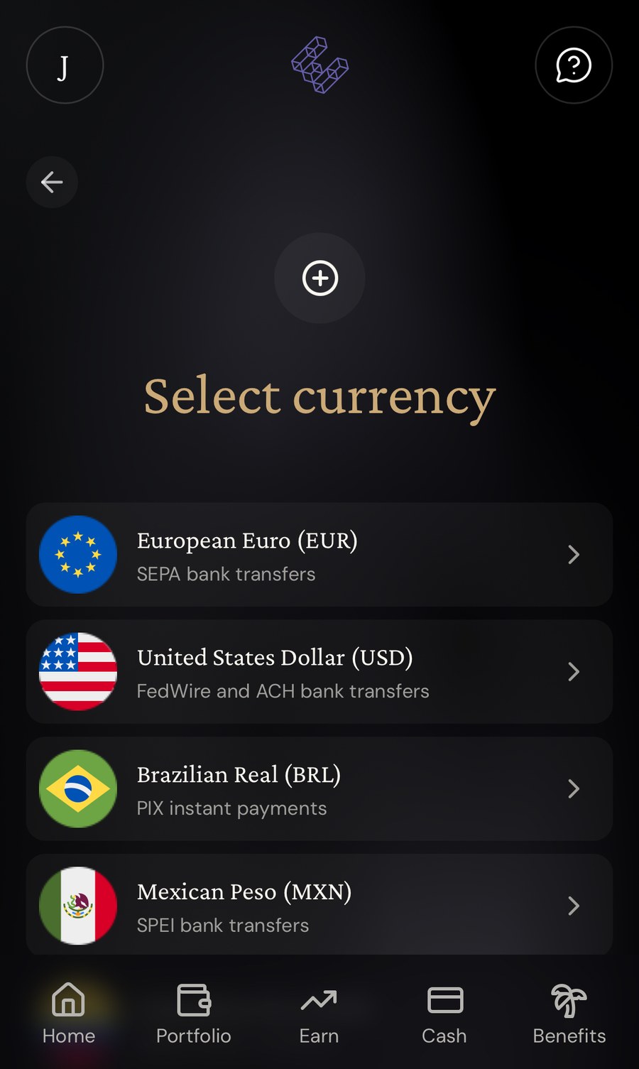 ether.fi App 币种选择页:列出欧元(SEPA)、美元(FedWire 与 ACH)、巴西雷亚尔(PIX)、墨西哥比索(SPEI)四个币种及各自通道