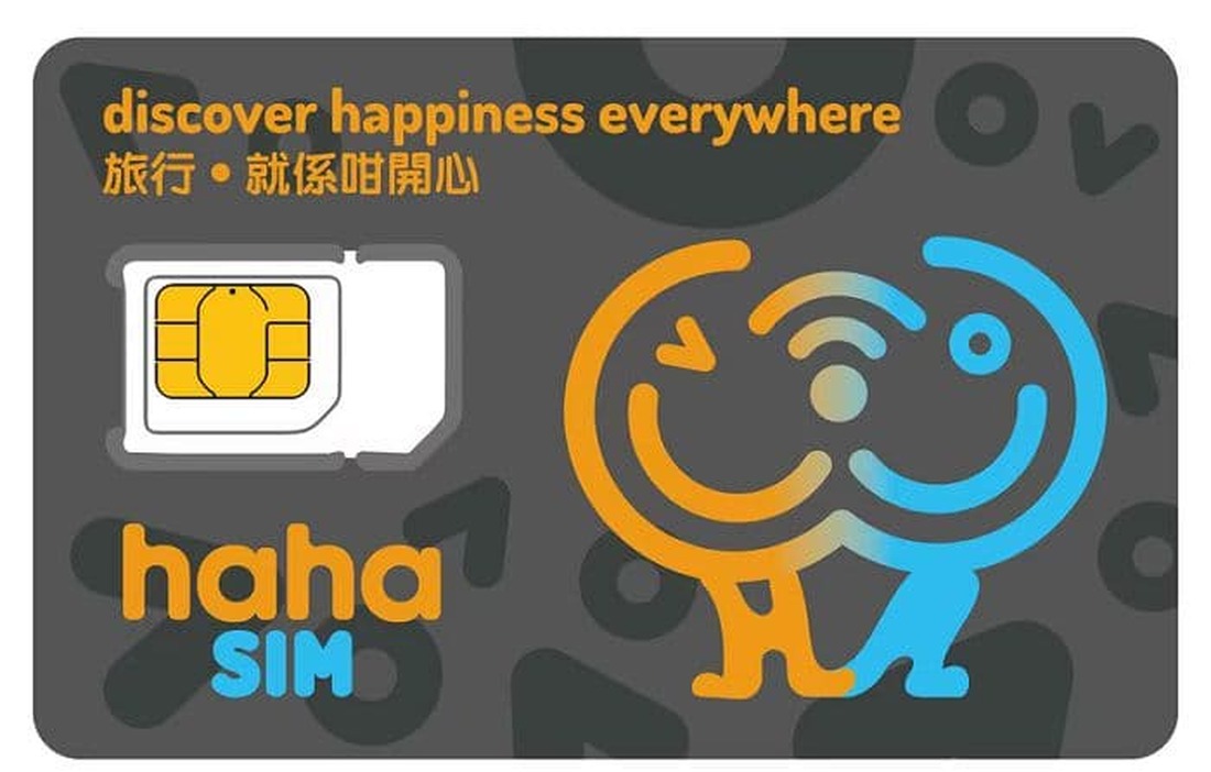 haha SIM 实体卡实物照片：深灰色卡面，左上印橙色标语「discover happiness everywhere 旅行・就係咁開心」，中央偏左为白色卡槽内嵌金色 SIM 触点模块，左下印「haha SIM」品牌标志，右侧为橙蓝渐变笑脸图形，背景为重复的haha 字样暗纹