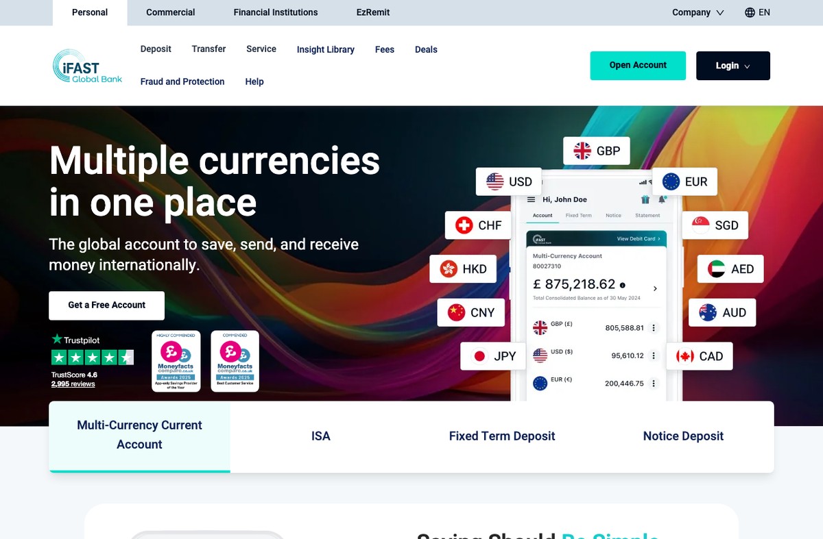iFAST Global Bank 官方多币种账户页：主视觉列出 GBP、USD、EUR、CHF、HKD、CNY、JPY、SGD、AED、AUD、CAD 十一种货币的国旗与账户示意，下方四张利率卡显示 AUD 3.00% AER、GBP 2.65% AER、USD 2.35% AER、CNY 1.00% AER，左侧为App 界面与 Trustpilot 4.8 分评分