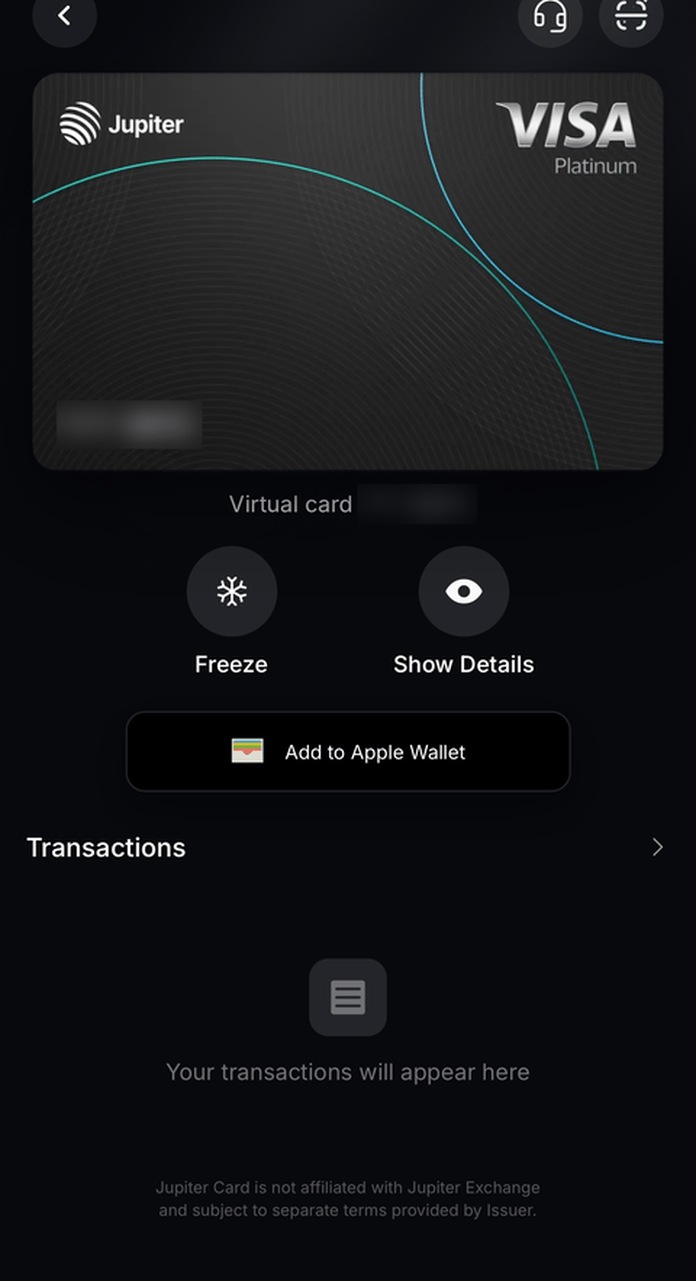 Jupiter App 卡管理界面官方截图:上方为黑色 Jupiter 虚拟卡卡面,左上角带 Jupiter 标志与信号弧线、右上角为 VISA Platinum 标识、卡面有青色曲线图案,下方标注 Virtual card,并提供 Freeze(冻结)与 Show Details(查看详情)两个圆形按钮,以及 Add to Apple Wallet 按钮;页面底部声明「Jupiter Card is not affiliated with Jupiter Exchange and subject to separate terms provided by Issuer.」(Jupiter Card 与 Jupiter Exchange 无关联,适用发卡方单独提供的条款)