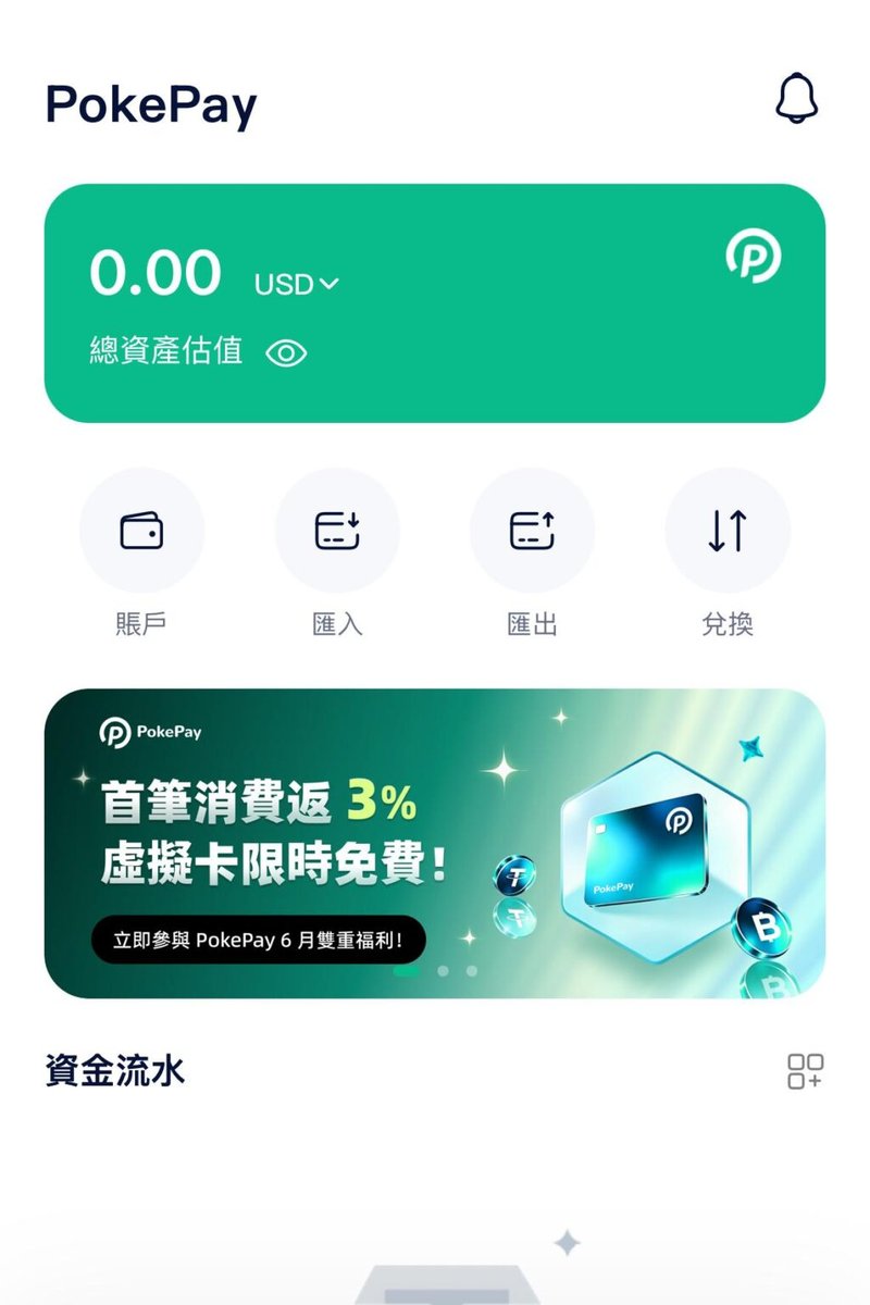 PokePay App 首页:顶部显示总资产估值(USD)与 PokePay 标志,中部四个功能入口为「账户 / 汇入 / 汇出 / 兑换」,下方为活动横幅(首笔消费返 3%、虚拟卡限时免费)