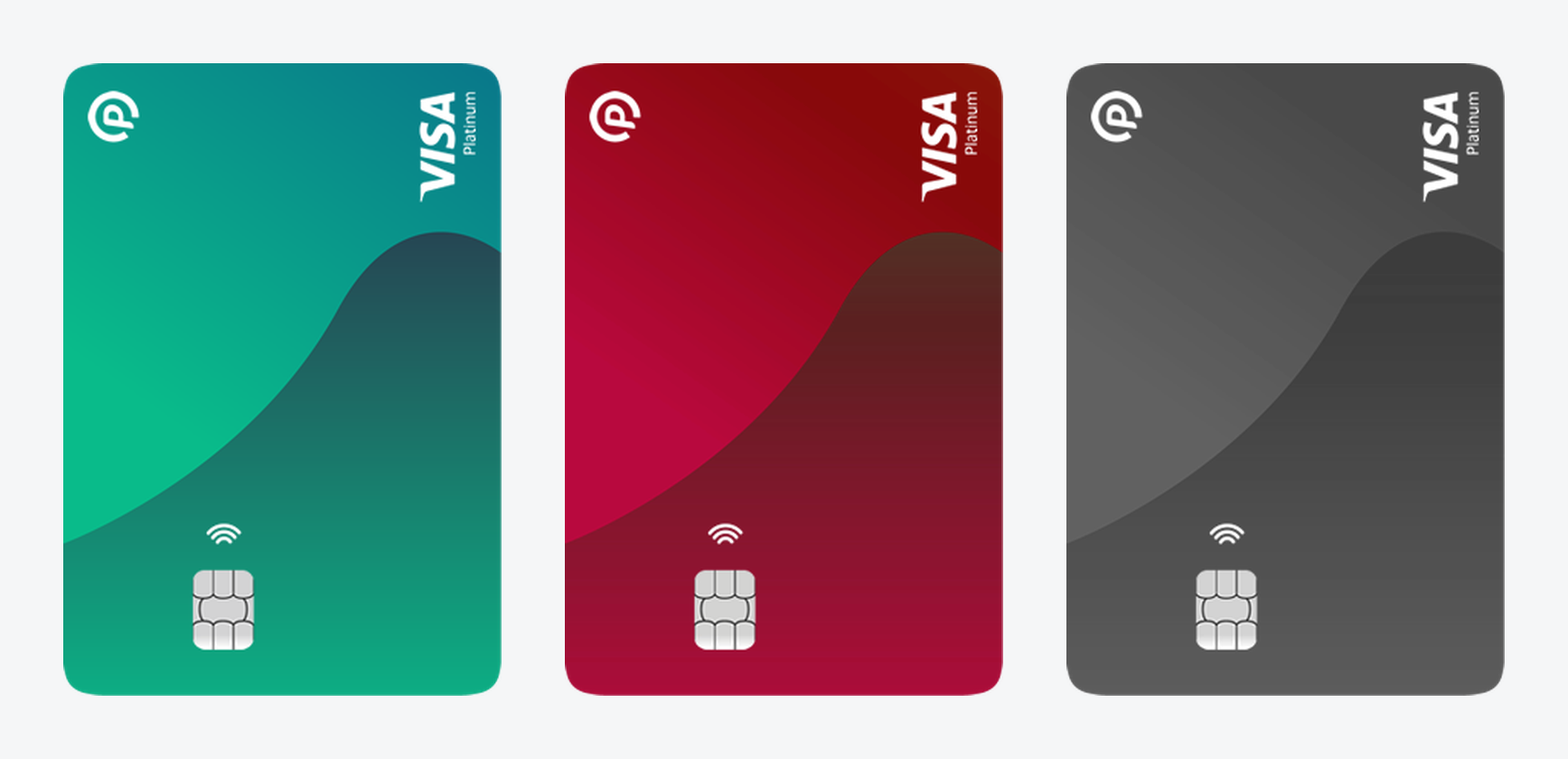 PokePay PokeCard 三款官方卡面:青绿、酒红、深灰,均为 PokePay 与 Visa 联名设计,卡面印有 PokePay 标志、VISA Platinum、芯片与非接触支付图标