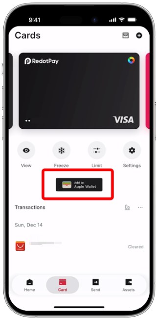 RedotPay App 卡片页：卡下方提供 Add to Apple Wallet 按钮，可将虚拟卡直接加入 Apple 钱包