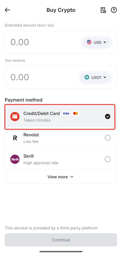 RedotPay App 买币页（Buy Coins）：列出可选加密货币与数量输入框，支持 Credit/Debit Card 方式购买