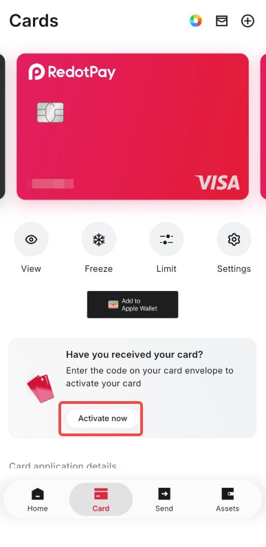 RedotPay App 卡片页：选中实体卡后出现「Activate now」按钮，下方为卡托上的激活码输入框与 Confirm 按钮