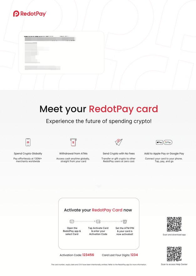 RedotPay 实体卡纸质卡托：印有 RedotPay 标志与「Meet your RedotPay card」，卡托下部标注 Activation Code 与 Card Last Four Digits，右下角两个二维码分别指向 App 下载与帮助中心