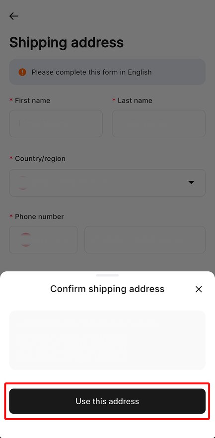 RedotPay App 虚拟卡账单地址填写页：提示账单地址必须用英文填写，持卡人姓名会印在卡背且开出后不可更改