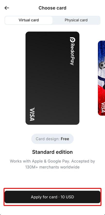 RedotPay App 选卡页（Choose card → Virtual card）：展示红色虚拟卡卡面，底部按钮为「Apply for card • 10 USD」