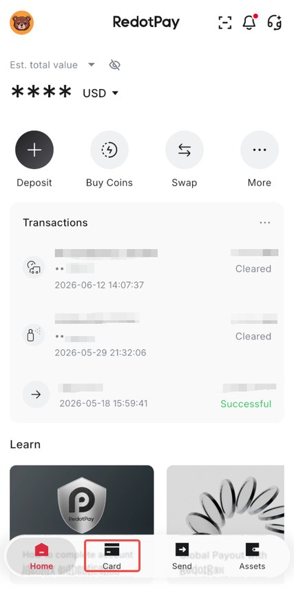 RedotPay App 卡片页：显示红色 RedotPay 卡，下方四个入口依次为 View（查看卡详情）、Freeze（冻结）、Limit（限额）、Settings（设置），并提供 Add to Apple Wallet 按钮与交易列表