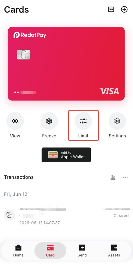 RedotPay App 卡片限额页（Limit）：展示可自定义的单笔与每日交易限额编辑入口