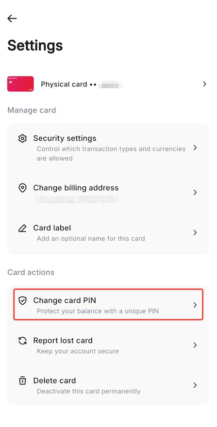 RedotPay App 卡设置页（Settings → Change card PIN）：可选择 4 位或 6 位 PIN，确认后保存