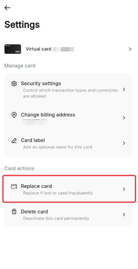 RedotPay App 卡片设置页（Settings → Replace card）：虚拟卡换卡入口，提示将产生费用并需支付确认