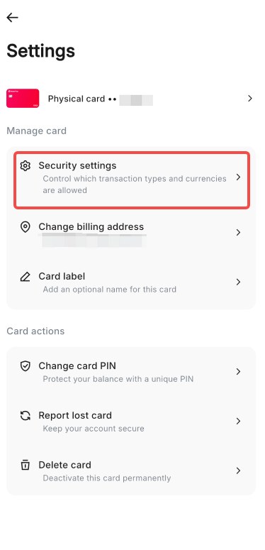 RedotPay App 支付安全设置页（Security settings）：可逐项开关线上支付、线下支付、ATM 取现等支付类型