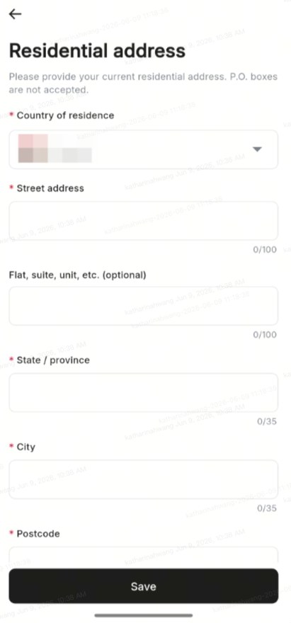 RedotPay App 居住地址填写页（Residential address）：要求填写完整现居地址，无邮编的地区填 000000