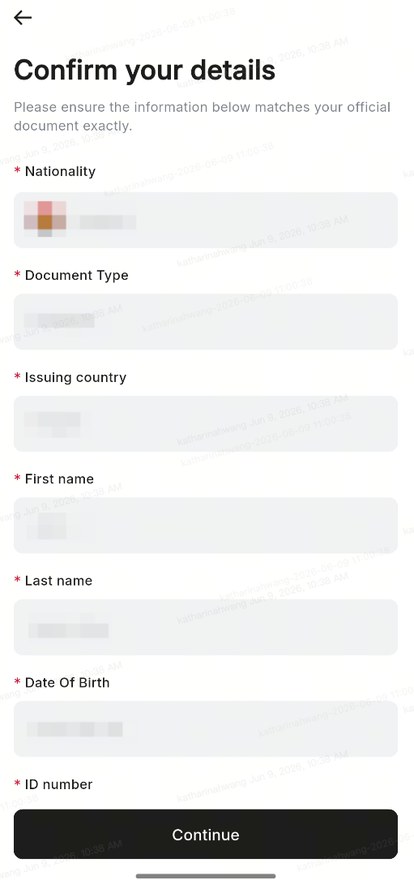 RedotPay App 身份认证页（Confirm your details）：系统自动识别证件信息，列出 Nationality、Document type、First name / Last name、Date of birth、ID number、Expiry date 供逐项核对