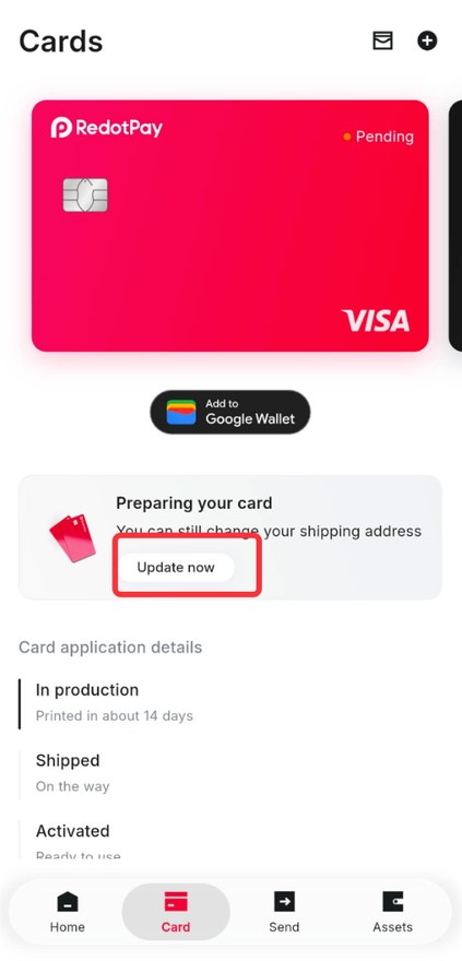 RedotPay App 卡片状态提示（Preparing your card）：卡片仍在制作中，提示可点击「Update now」修改收货地址