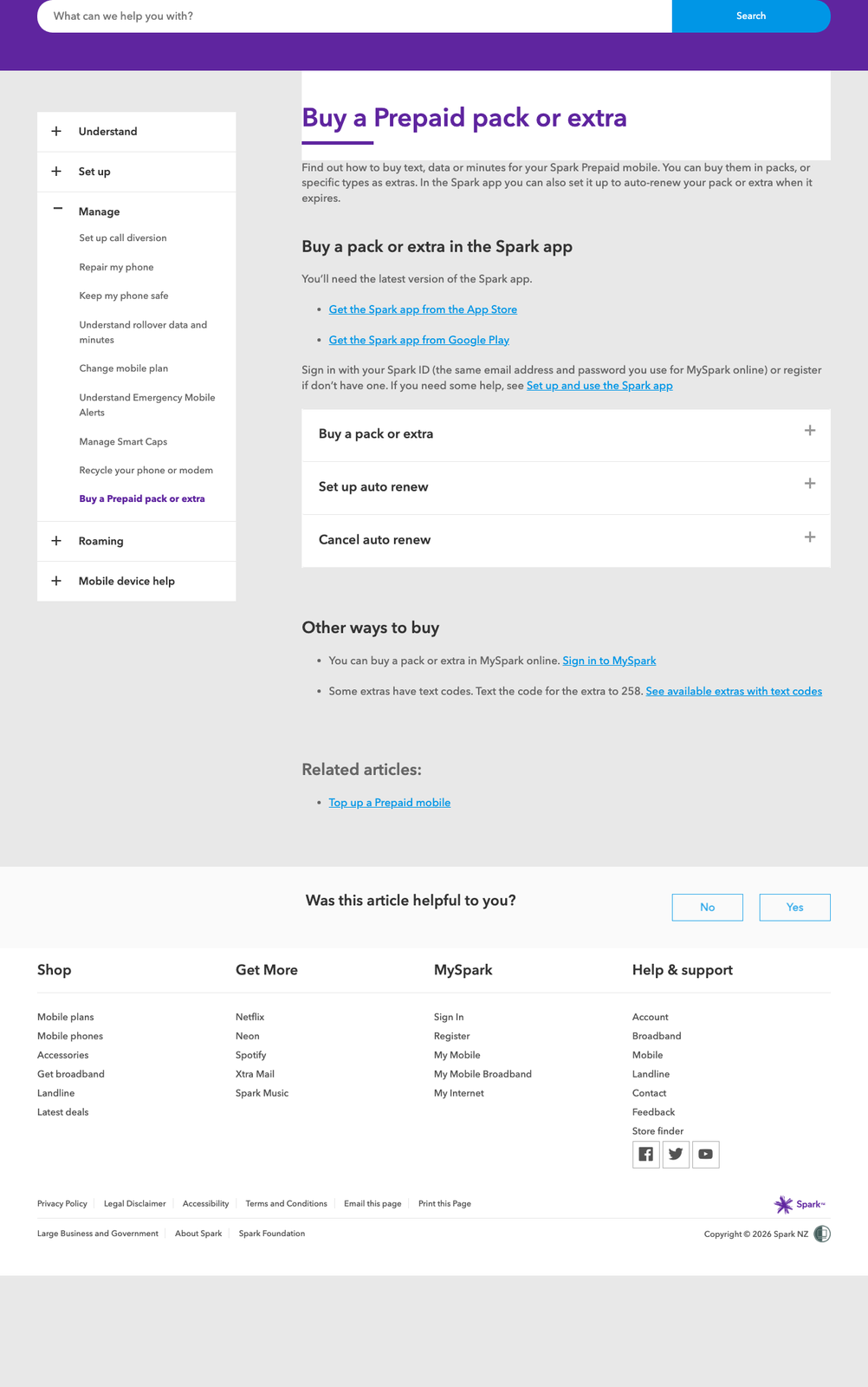 Spark 官方帮助页「Buy a Prepaid pack or extra」:左侧为帮助分类导航(含 Understand、Set up、Manage、Roaming、Mobile device help),右侧正文说明可在 Spark app 内购买套餐或附加包,并给出 App Store 与 Google Play 下载链接;下方「Other ways to buy」说明可在 MySpark 网页端购买,或发送短信代码 258 购买额外包