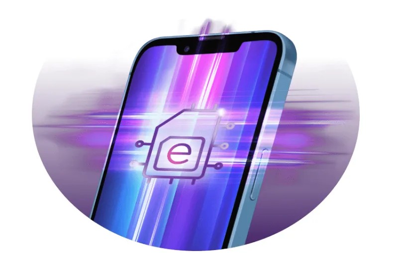 eSIM 转换示意图:手机屏幕中显示嵌入芯片的 eSIM 图形,表示可将实体 SIM 转为 eSIM 后写入设备