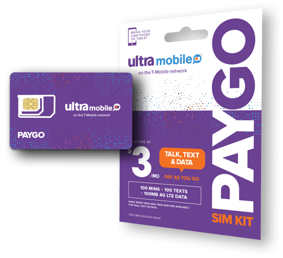 Ultra Mobile PayGo 紫卡与官方包装:紫色 SIM 卡印有 ultramobile 标志与「on the T-Mobile network」字样,卡面标注 PAYGO;包装盒为紫黑配色,标明 $3/MO PAY AS YOU GO,包含 100 MINS + 100 TEXTS + 100MB 4G LTE DATA