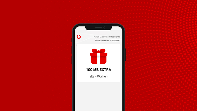 Vodafone 官方 CallYa App 页面:展示 MeinVodafone App 内的「100 MB EXTRA alle 4 Wochen」数据赠品领取入口,页面上方为 App 截图与操作按钮
