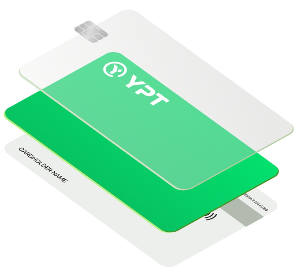 YPT 官方卡面图:绿色渐变虚拟卡,左上为圆形 YPT 标志与「YPT」字样,左下印CARDHOLDER NAME 占位字样,右下角有非接触式感应标识